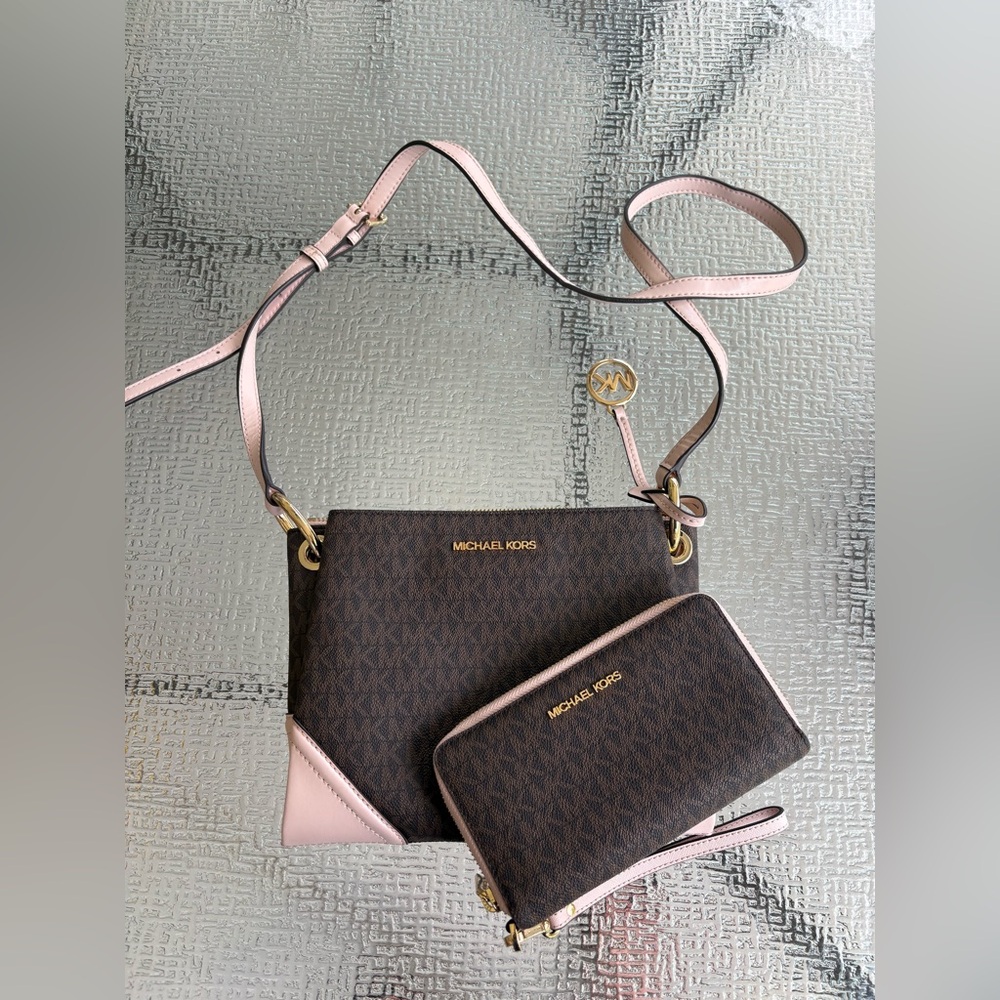 Michael Kors Brown and Pink Signature Crossbody with Matching Wallet